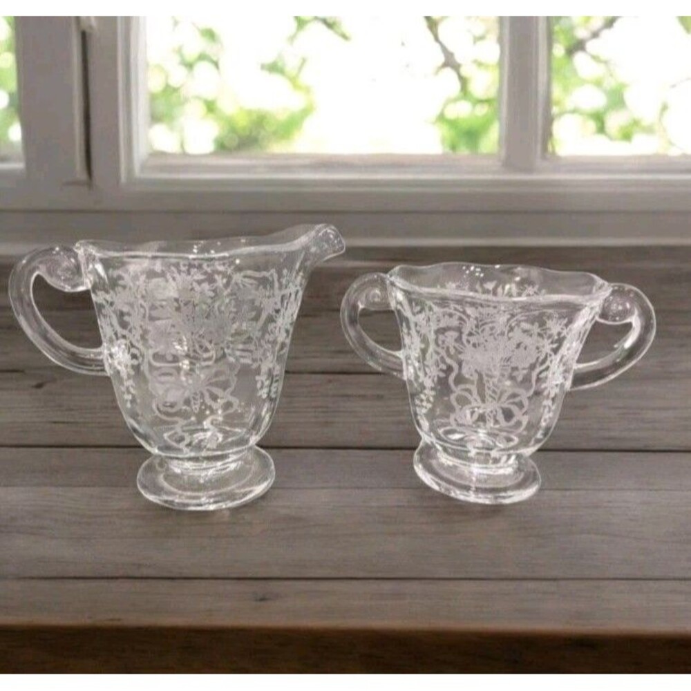 FOSTORIA Cream and Sugar CORSAGE Pattern Etched Glass Vintage